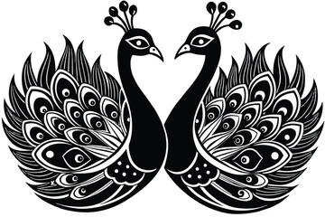 Peacock couple in love si9lhouette on white background 