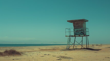 Deserted lifeguard tower on an empty beach with a blue sky and ocean in the background. - Powered by Adobe