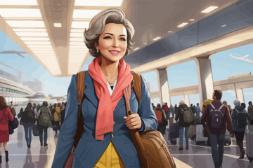 beautiful woman with luggage in airport terminal illustration