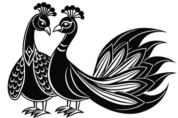 Peacock couple in love si9lhouette on white background 