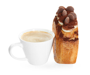 Round croissant with chocolate chips and cup of coffee isolated on white. Tasty puff pastry