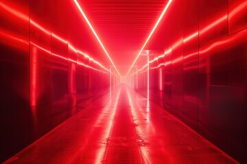 Abstract Depths: A long exposure capture of a minimalist red space with laser beams carving abstract patterns. The interplay of light and shadow creates a sense of depth and dynamism