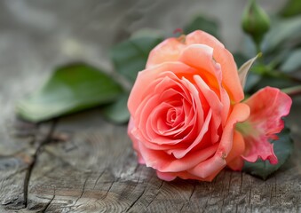 Naklejka premium Elegant Peach Rose Close-Up on Rustic Wooden Background