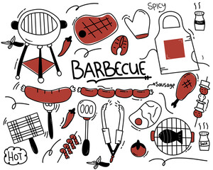 Barbecue grill hand-drawn outline doodle Set. BBQ Vector Illustration Barbecue party Sketch. Barbeque tools charcoal firewood and products hand drawing red black and white 