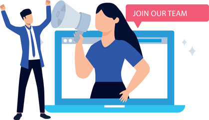 The girl is doing the hiring marketing.