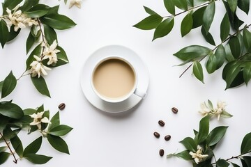 Cup of coffee with milk on white background. Coffee beans and jasmine flowers, leaves decoration....