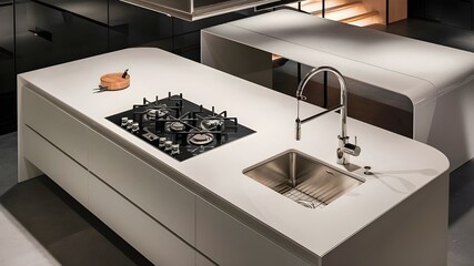 Modern white kitchen countertop with gas stove and sink for mockup, 3D rendering