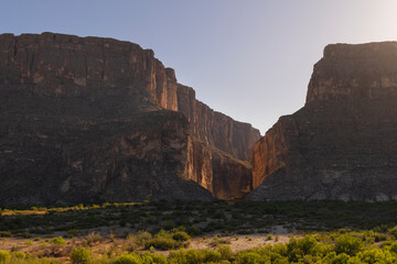 A scenic sunset view of Santa Elena Canyon in Big Bend National Park, Texas.