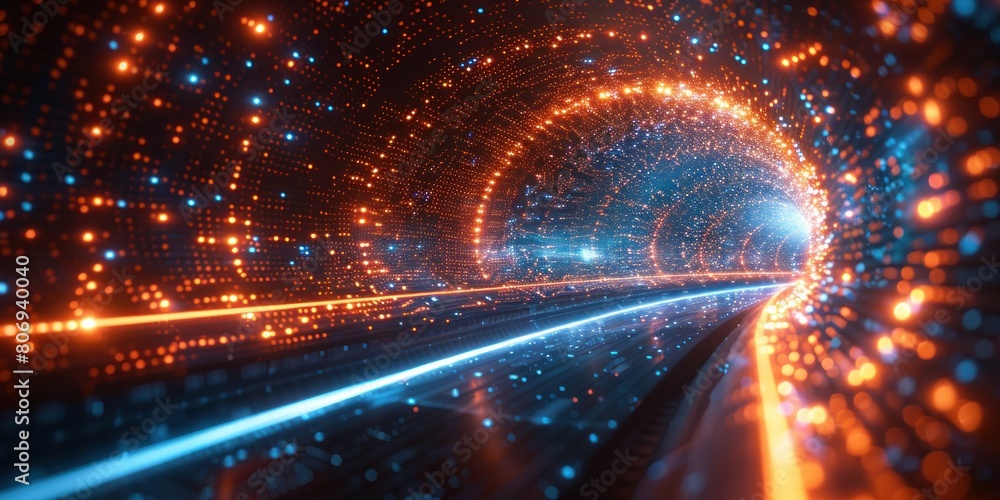 Poster abstract background of blue and orange glowing lights in digital cyberspace with data flow