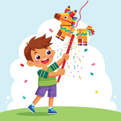 Boy celebrating Posada by breaking a traditional donkey shaped Pinata. Flat vector cartoon illustration isolated on white background.