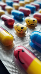 A pill with a smiley face on it is surrounded by other pills - obrazy, fototapety, plakaty