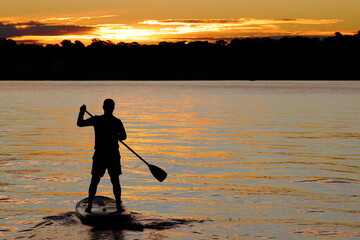Silhouette of young man, stand up (SUP) paddle board, sunset, Swan River, Perth, Western Australia,...