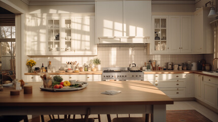Fototapeta premium In a beautifully designed kitchen, white tiles create a sense of timeless charm, captured flawlessly by an HD camera