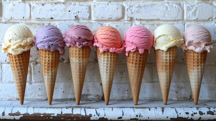   Five ice cream cones sit on a windowsill, facing a brick wall