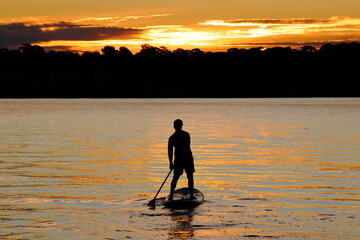 Silhouette of young man, stand up (SUP) paddle board, sunset, Swan River, Perth, Western Australia