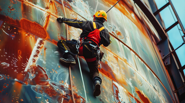 Male industrial climber in gear ascending a rusty, weathered metal structure.
