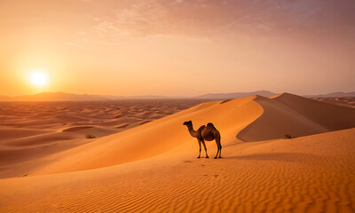 A serene desert landscape at sunset, featuring a majestic camel gracefully traversing the sandy terrain.