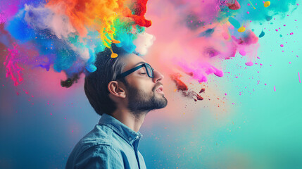 Creative young man with glasses exhaling colorful smoke in a dynamic display of creativity and imagination