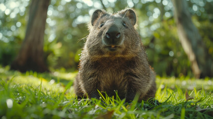 Obraz premium Detailed close-up of a curious wombat in lush, green nature.