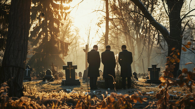 Three men in black suits standing solemnly in a cemetery during a misty sunrise.