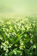 Fototapeta premium A field of lily of the valley on a foggy morning