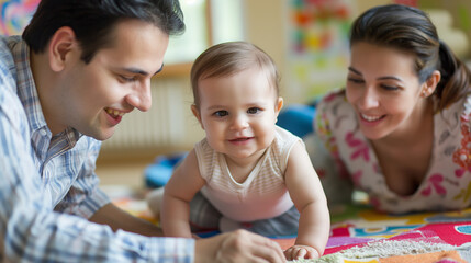 Obraz premium Joyful Family Playing Together with Baby on Colorful Playmat