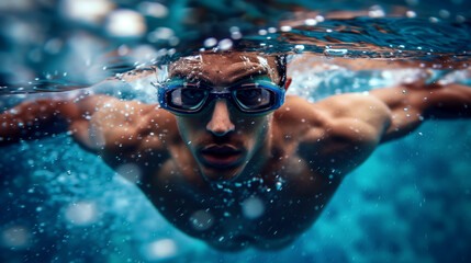 Fototapeta premium Underwater view of a young male swimmer swimming with goggles in a clear blue pool.