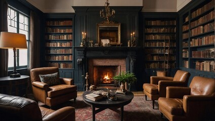 A cozy library with floortoceiling bookshelves filled