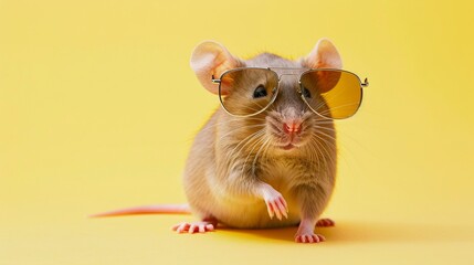 mouse in the style of workwear, wearing sunglasses. pastel background.