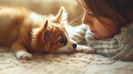 Tender Moment Between Young Girl and Her Small Corgi Puppy