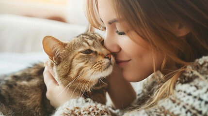 Affectionate Woman Cuddling with Her Beloved Tabby Cat