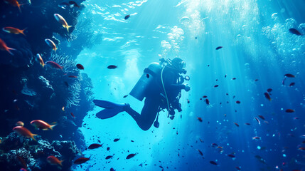 Scuba diver explores a vibrant underwater scene with coral reefs and schools of fish, illuminated by sunbeams.