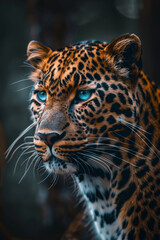 Obraz premium Vivid spotted leopard emerging from dark background in close-up.