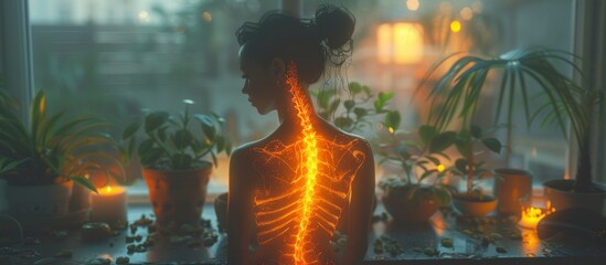 A detailed illustration of the human spine glowing with an orange color