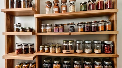 Explore a beautifully organized pantry with glass jars neatly arranged on rustic wooden shelves, showcasing an efficient and sustainable storage solution in a visually appealing setting.