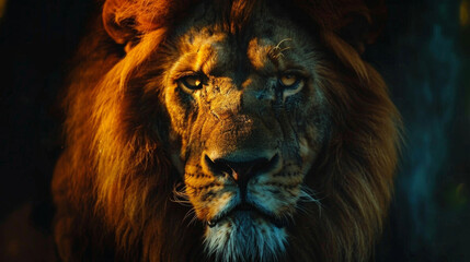 Close-up of a majestic lion in the shadows, exuding power and strength.