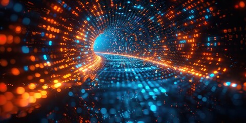 Obraz premium Abstract background of blue and orange glowing lights in digital cyberspace with data flow