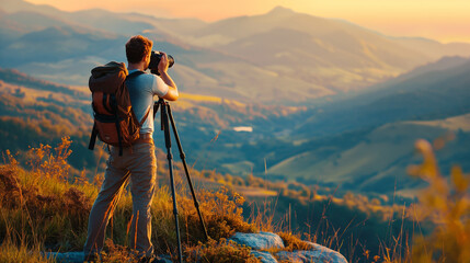 Landscape Photographer Capturing Golden Hour Over Mountainous Terrain
