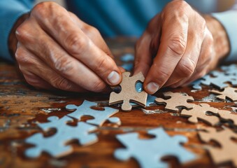Senior Person Solving Puzzle, Close-up of Elderly Hands with Jigsaw Pieces on Wooden Table