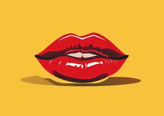 Sensual Red Lips Illustration on Yellow Background for Beauty and Fashion