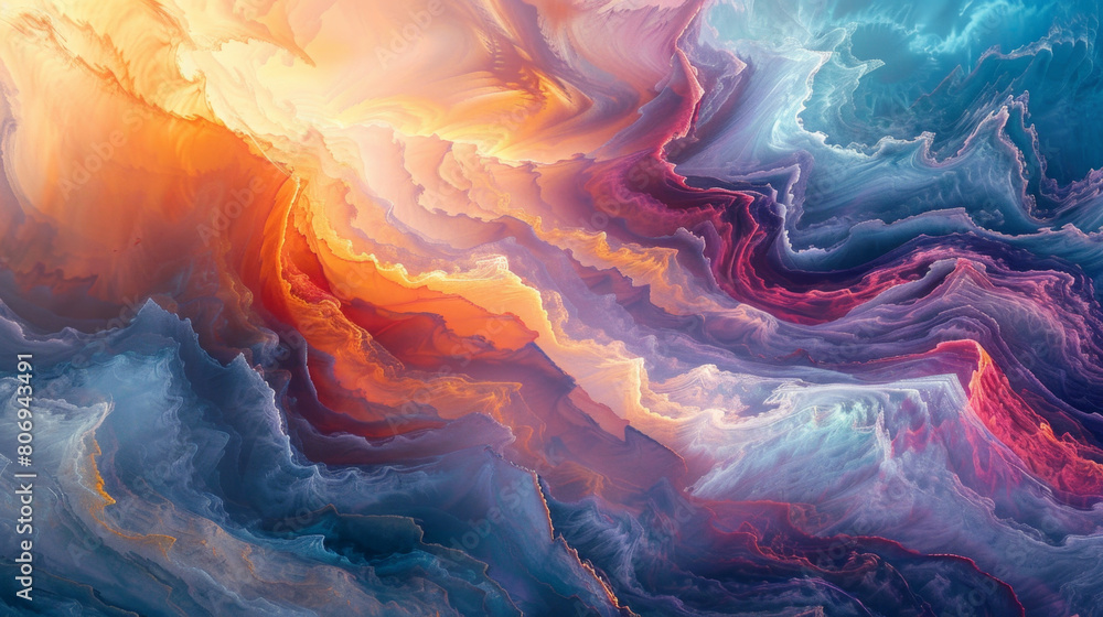 Poster abstract canvas illustrating chaotic overthinking with swirls of colors and shapes.