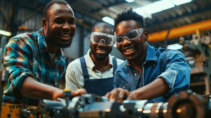 Three cheerful African men in safety goggles working together at a machinery workshop.
