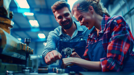 Obraz premium Two happy technicians, a man and a woman, working together on machinery in an industrial environment.