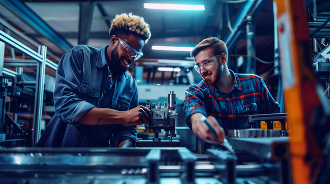 Two male engineers collaborating in a manufacturing facility, working on machinery with tools.