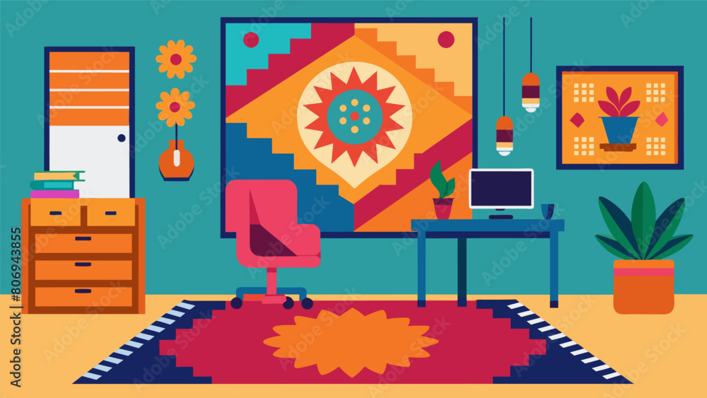 Poster vibrant tapestries and rugs adorn the walls and floor adding a pop of color and personality to the o