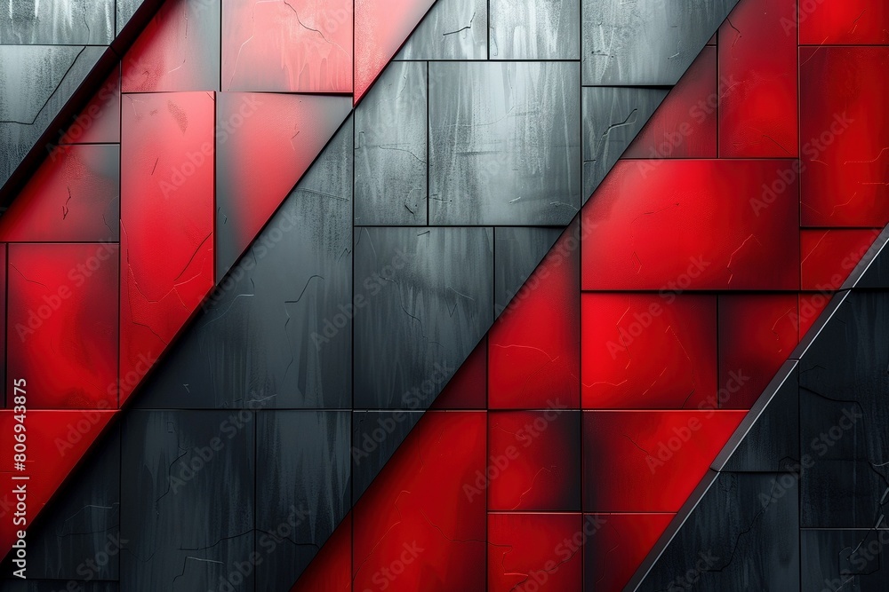 Wall mural Sharp, red metallic lines form a dynamic cyber geometric pattern on a sleek black canvas.