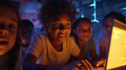 A group of happy children are looking at a laptop screen. It сamp for young programmers. One of the children is smiling, he likes this activity