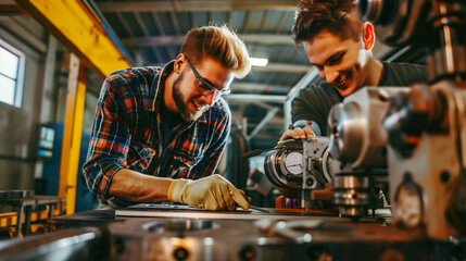 Two young men engaging in precise metalworking using lathe machines in a workshop.