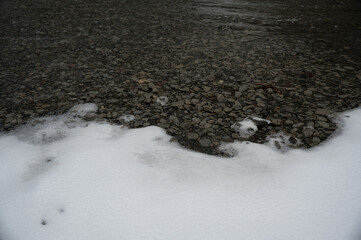 snow on the edge of water with rocky shoreline