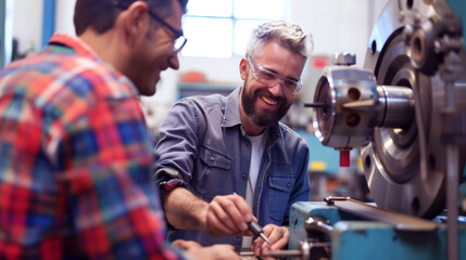 Two male engineers collaborating with a smile in an industrial workshop, using a lathe machine.